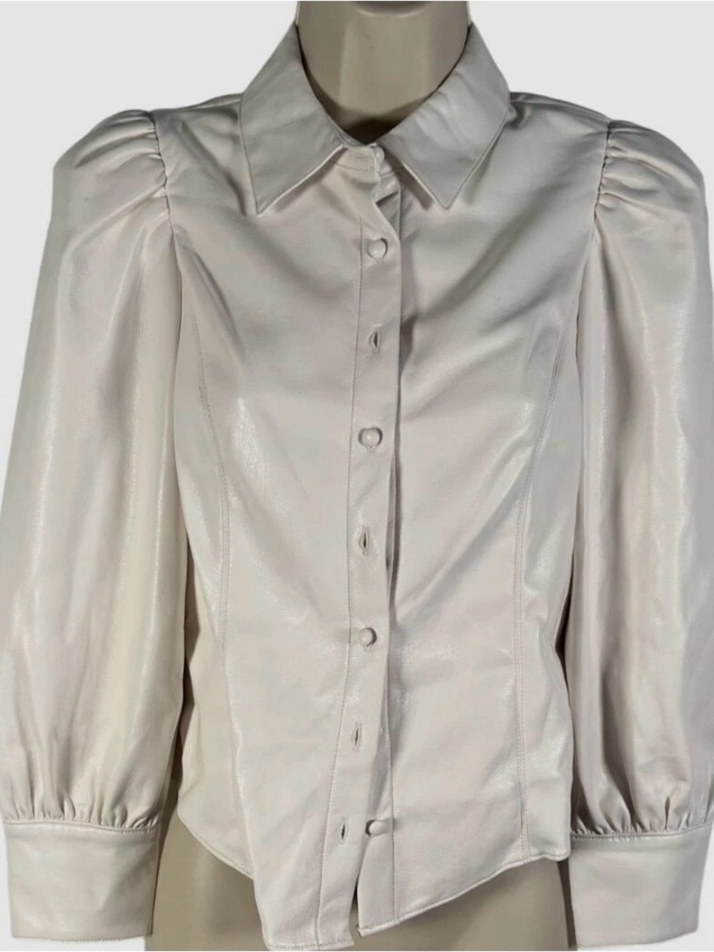 Alice + Olivia Ivory vegan leather Button-Front Puff-Sleeve Shirt 0383